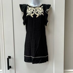 THML navy cream embroidered flutter‎ sleeve linen like dress size S